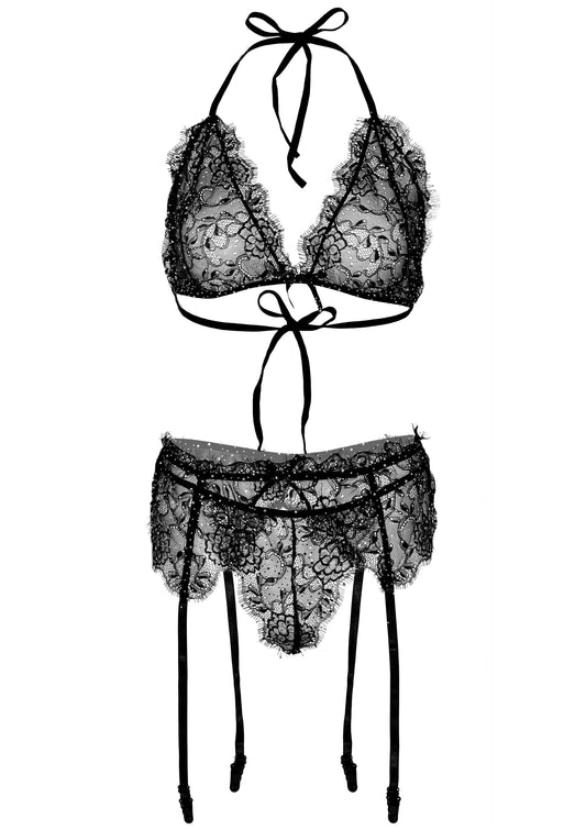 Plus Lace Bra Top, String and Garter Belt