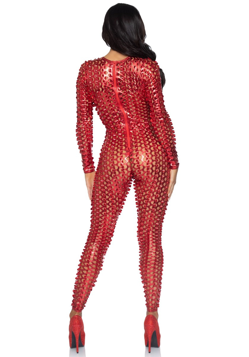 Laser Cut Metallic Catsuit Red