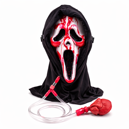 Bloedend Ghost Face Masker met Capuchon + Pomp en Nepbloed Officiele Licentie