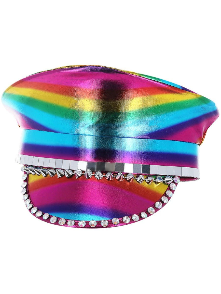 Metallic Studded Rainbow Captains Hat