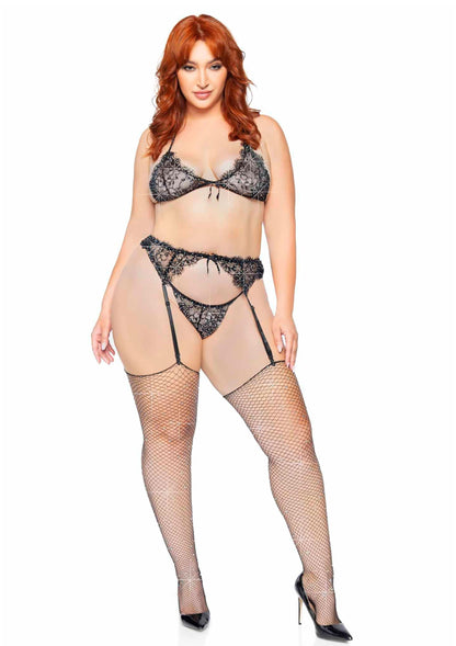 Plus Lace Bra Top, String and Garter Belt