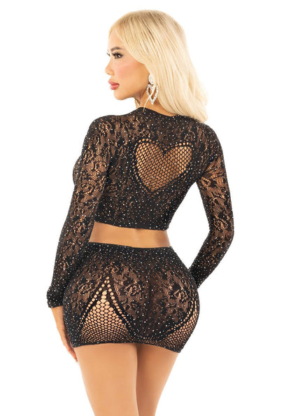 Rhinestone Crop Top and Mini Skirt Black