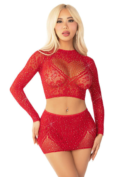 Rhinestone Crop Top and Mini Skirt Red