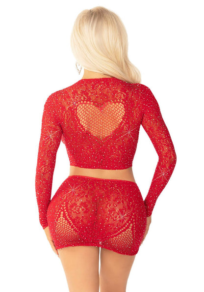 Rhinestone Crop Top and Mini Skirt Red
