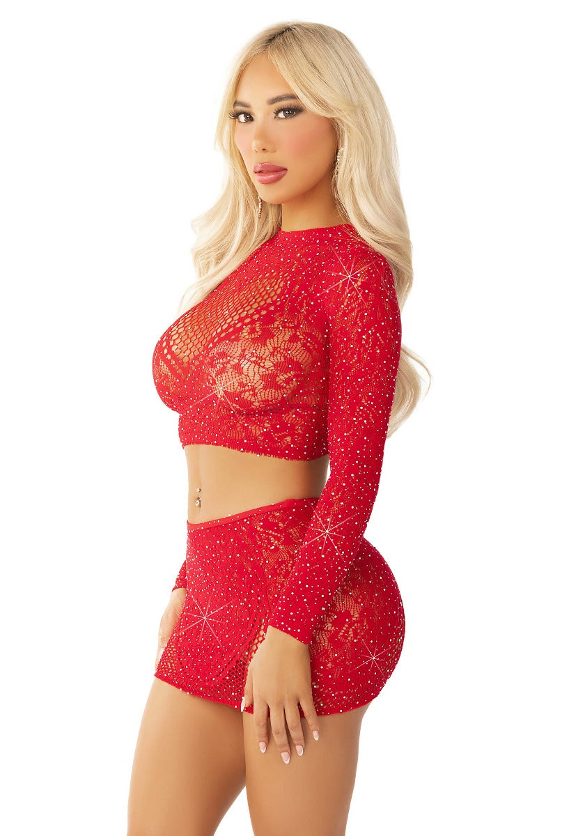 Rhinestone Crop Top and Mini Skirt Red