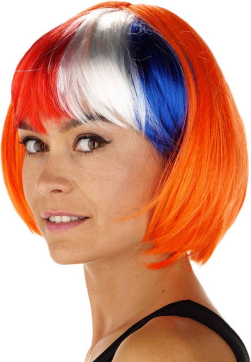 Oranje Pruik met Rood-Wit-Blauwe Pony