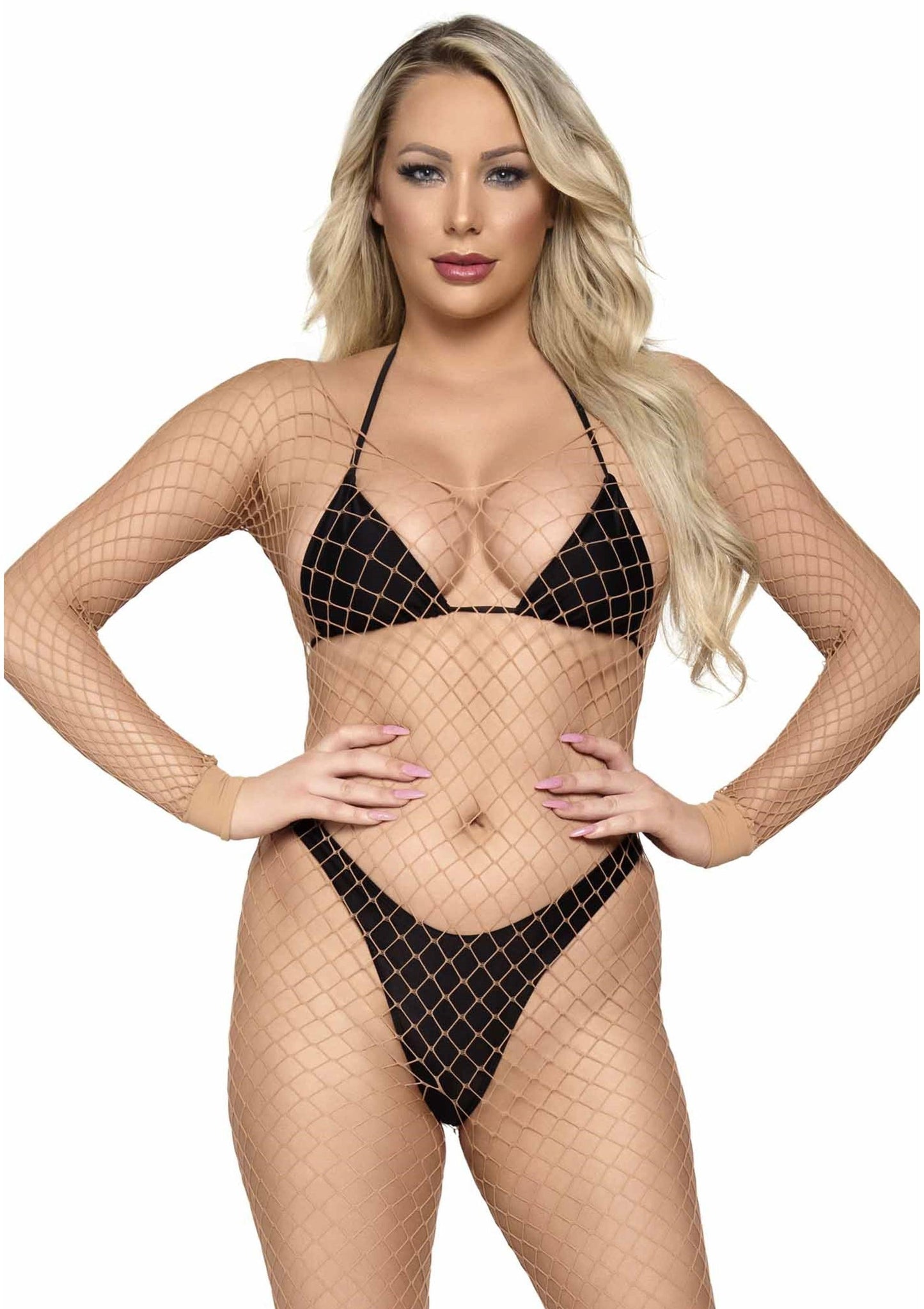 Elastane Fishnet Long Sleeves Bodystocking