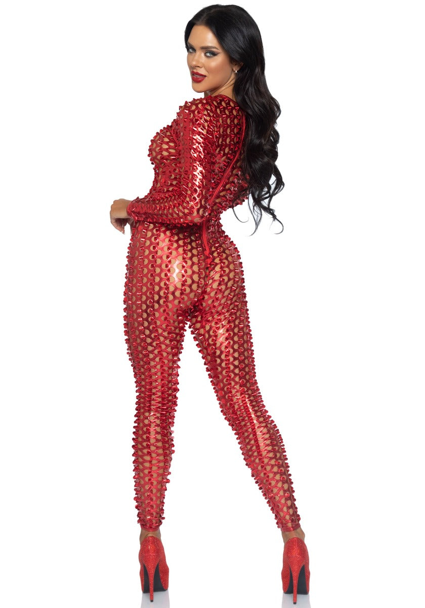 Laser Cut Metallic Catsuit Red