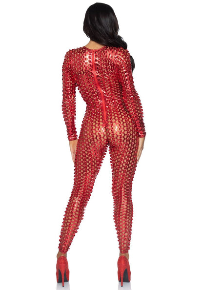 Laser Cut Metallic Catsuit Red