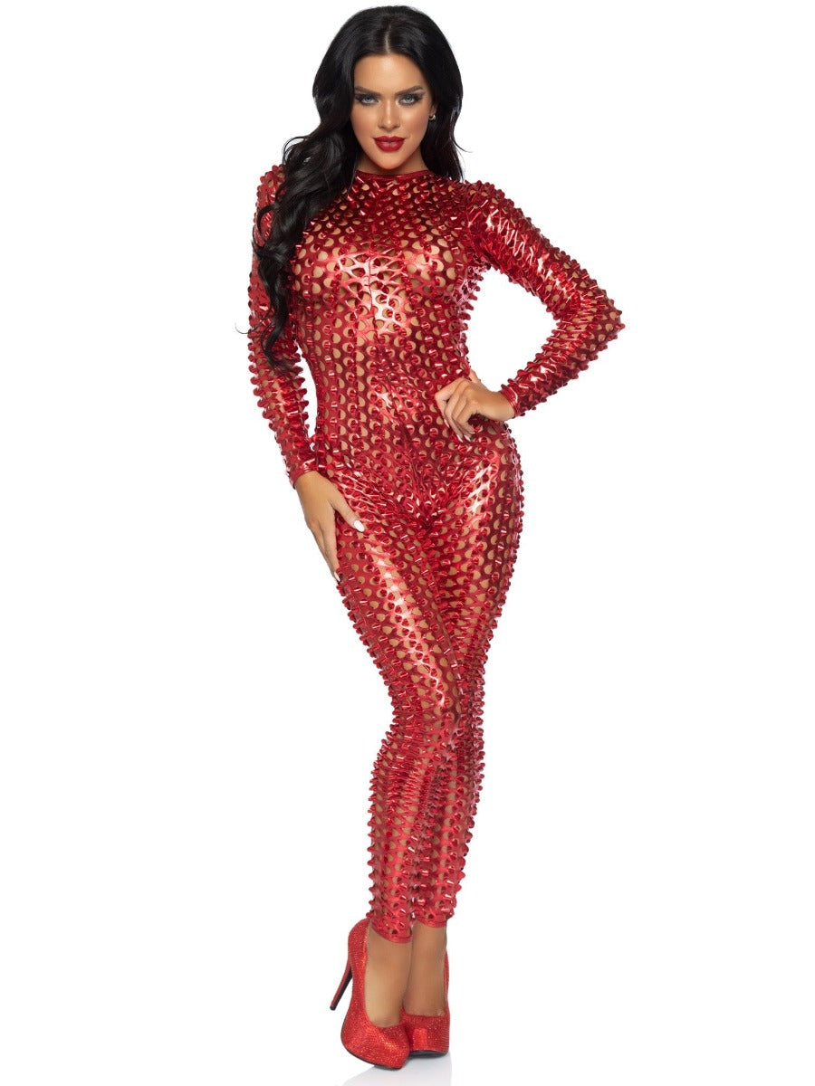 Laser Cut Metallic Catsuit Red