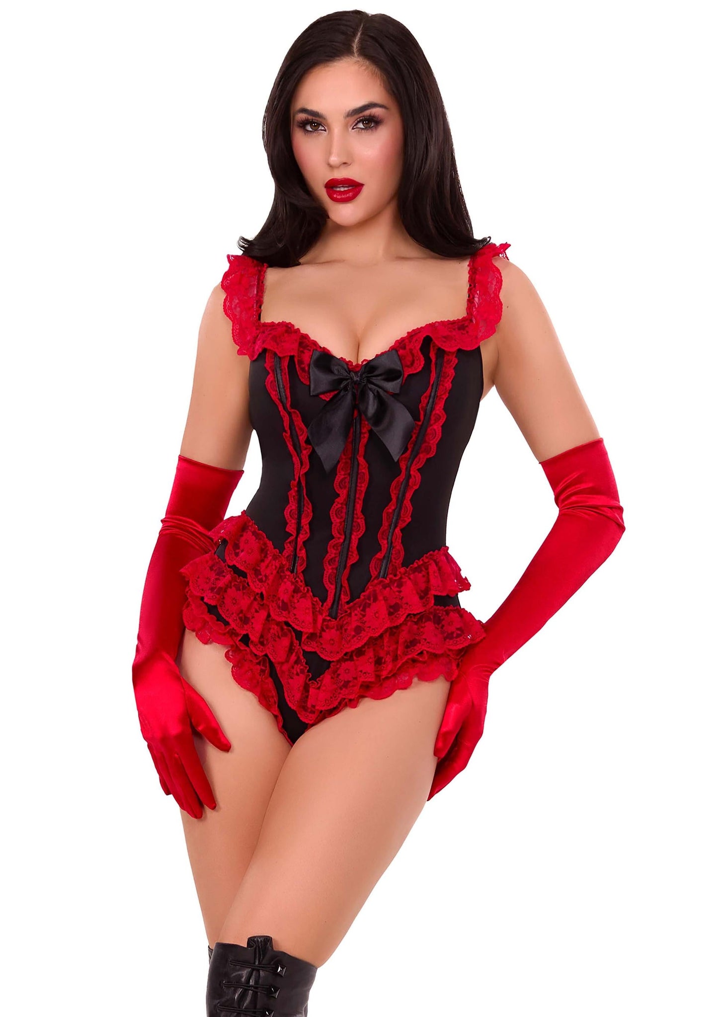 Boned Ruffle Bodysuit with Bow Accent
