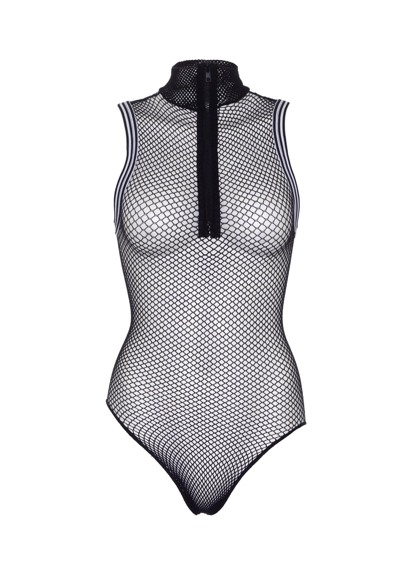 Zip Up Athletic Trim Fishnet Bodysuit