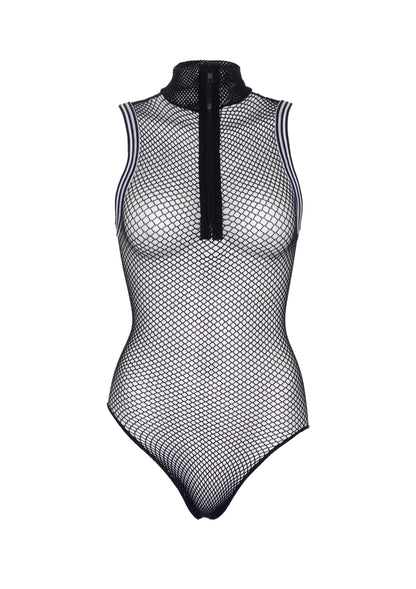 Zip Up Athletic Trim Fishnet Bodysuit