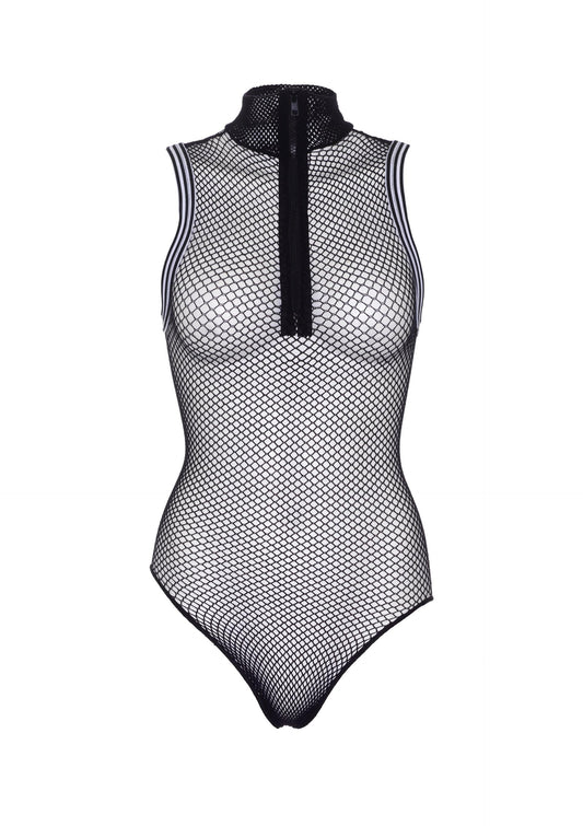 Zip Up Athletic Trim Fishnet Bodysuit