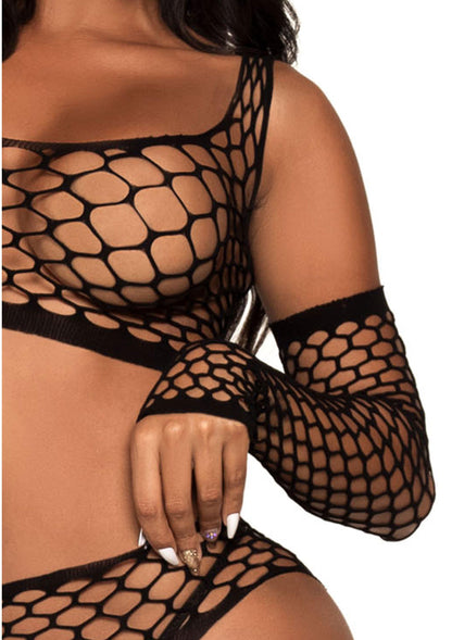 Net Crop Top, Garter Stockings and Gloves