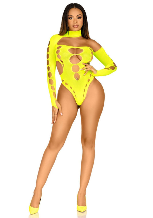 Asymmetrical Cut Out Bodysuit Neon Geel