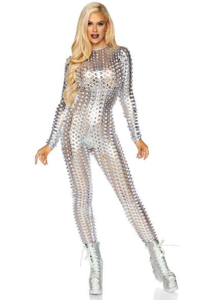 Laser Cut Metallic Catsuit Silver