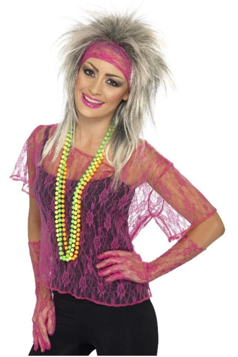 Kanten Top, hoofdband en Handschoenen Neon Pink